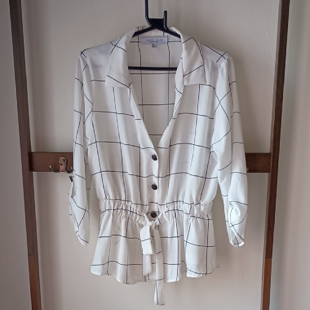 White and Black Checkered Women's Top